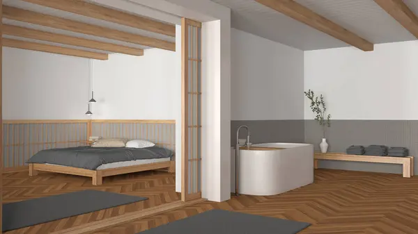 침실은 나무와 톤으로 자유롭게 욕조를 베트와 조각을 바닥에 준비를 — 스톡 사진