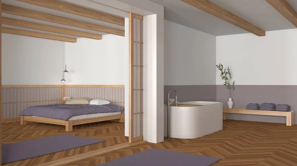 Japandi bathroom and bedroom in wooden and purple tones. Freestanding bathtub, master bed with duvet and herringbone parquet floor. Minimal interior design