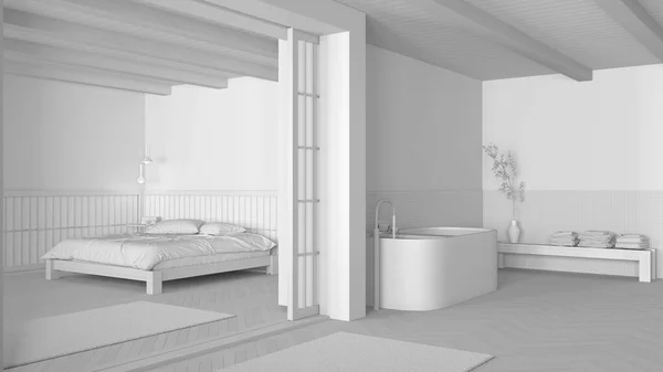 整个白色工程草案 日本浴室和卧室 独立的浴缸 主卧与羽绒和鲱鱼骨地板 最低室内设计 — 图库照片