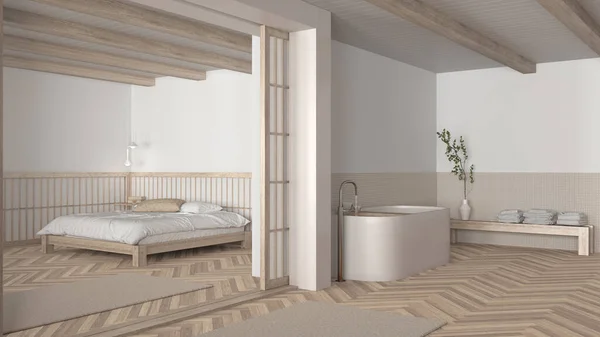 Japandi Μπάνιο Και Υπνοδωμάτιο Λευκασμένο Ξύλινο Και Λευκό Τόνους Ελεύθερη — Φωτογραφία Αρχείου