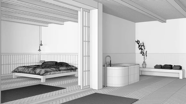 Plan Projektu Niedokończony Projekt Japońska Łazienka Sypialnia Wolnostojąca Wanna Główne — Zdjęcie stockowe