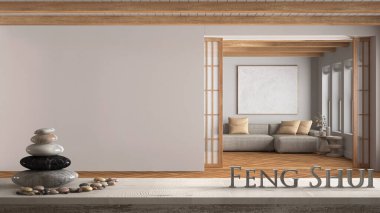 Çakıl taşı dengeli klasik ahşap masa rafı ve 3D harflerle minimaljapandi oturma odası üzerinde feng shui sözcüğü, zen kavramı iç tasarım