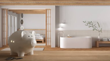 Ahşap masa ya da rafta beyaz kumbaralı bozuk paralar, modern ahşap japandi banyo ve yatak odası, pahalı iç tasarım, yenileme konsepti mimarisi.