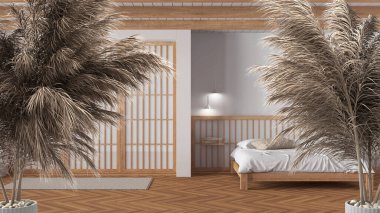 Çakıl taşları, kuru bitkiler, süs, kulaklar, kılıf, Japonya 'nın yatak odasındaki minimalist banyonun üzerine vazo dalları, modern iç tasarım.