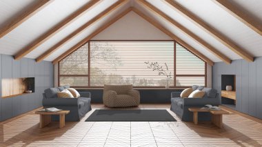 Çatı katı iç tasarımı, eğimli ahşap tavanı ve beyaz ve gri tonlarda büyük panoramik pencereli minimum oturma odası. Kumaş kanepeler ve dekorlar. Japandi İskandinav tarzı