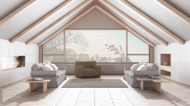 Çatı katı iç tasarımı, bembeyaz ahşap tavanı ve beyaz tonlarda büyük panoramik penceresi olan minimal oturma odası. Kumaş kanepeler ve dekorlar. Japandi İskandinav tarzı