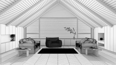 Tamamlanmamış proje taslağı, çatı katı iç tasarımı, eğimli ahşap tavanı ve panoramik penceresi olan minimum oturma odası. Koltuklar ve dekorlar. Japandi İskandinav tarzı