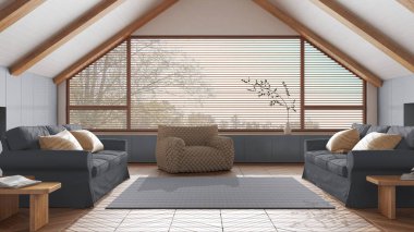 Çatı katı iç tasarımı, beyaz ve gri tonlarda kanepeleri olan minimal oturma odası. Eğimli ahşap tavan ve panoramik pencere. Koltuklar ve dekorlar. Japandi İskandinav tarzı