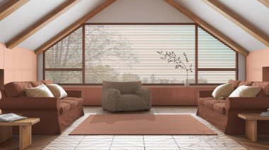 Çatı katı iç tasarımı, beyaz ve turuncu tonlarda kanepeleri olan minimal oturma odası. Eğimli ahşap tavan ve panoramik pencere. Koltuklar ve dekorlar. Japandi İskandinav tarzı