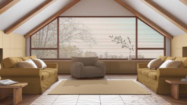 Çatı katı iç tasarımı, beyaz ve sarı tonlarda kanepeleri olan en az oturma odası. Eğimli ahşap tavan ve panoramik pencere. Koltuklar ve dekorlar. Japandi İskandinav tarzı