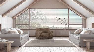 Çatı katı iç tasarımı, beyaz tonlu kanepeleri olan en az oturma odası. Eğimli ahşap tavan ve panoramik pencere. Koltuklar ve dekorlar. Japandi İskandinav tarzı