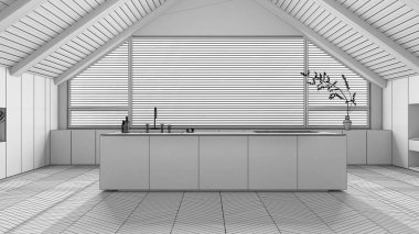 Tamamlanmamış proje taslağı, çatı katı iç tasarımı, adalı asgari mutfak. Eğimli ahşap tavan ve büyük panoramik pencere. Japandi İskandinav tarzı