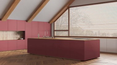 Tavan arası tasarımı, asgari ahşap mutfak ve eğimli tavan. Büyük panoramik pencere. Ada ve aletler beyaz ve kırmızı tonlarda. Japandi İskandinav tarzı