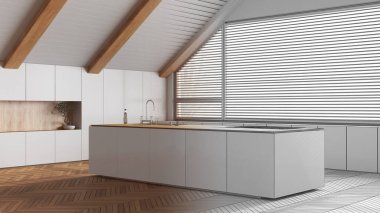 Mimari iç mimar konsepti: elle çizilmiş tamamlanmamış proje gerçek, adalı ve eğimli tavanlı asgari ahşap mutfak haline geliyor. Japandi İskandinav tarzı