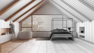 Mimar iç mimar konsepti: elle çizilmiş tamamlanmamış proje, çatı katı, minimal yatak odası ve banyo haline geliyor. Japandi İskandinav tarzı