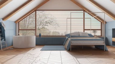 Çatı katı iç tasarımı, minimum yatak odası ve banyo mavi ve beyaz tonlarda. Eğimli ahşap tavan ve panoramik pencere. Japandi İskandinav tarzı