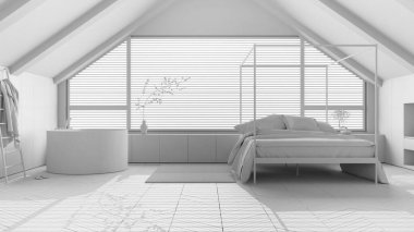 Tamamen beyaz proje taslağı, çatı katı iç tasarımı, minimum yatak odası ve banyo. Eğimli ahşap tavan ve panoramik pencere. Japandi İskandinav tarzı