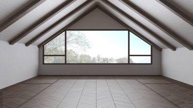 Boş oda iç tasarımı, parke zeminli açık alan, koyu ahşap eğimli tavan ve panoramik pencere, beyaz duvarlar, modern japandi mimari fikri