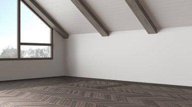 Boş oda iç tasarımı, parke zeminli açık alan, koyu ahşap eğimli tavan ve panoramik pencere, beyaz duvarlar, modern japandi mimari fikri