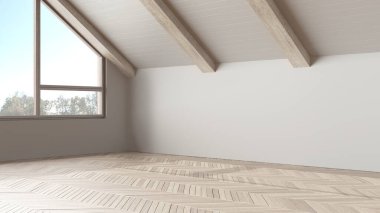 Boş oda iç tasarımı, parke zeminli açık alan, ağarmış ahşap tavan ve panoramik pencere, beyaz duvarlar, modern japandi mimari fikri