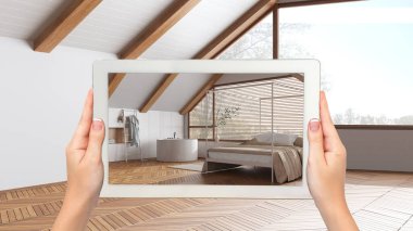 Gelişmiş gerçeklik kavramı. Boş ahşap iç kısımlarda mobilya ve tasarım ürünleri simülasyonu için kullanılan AR uygulamalı el bilgisayarı tableti, Japonya yatak odası ve banyo minimumu