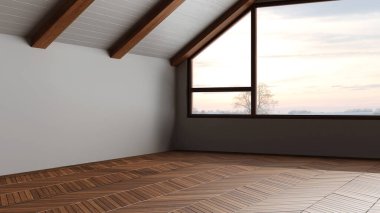 Karanlık akşam sahnesi, boş oda iç tasarımı, parke döşemeli açık alan, ahşap eğimli tavan ve panoramik pencere, modern japandi mimari fikri