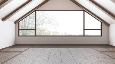 Boş oda iç tasarımı, parke zeminli açık alan, koyu ahşap eğimli tavan ve panoramik pencere, beyaz duvarlar, modern japandi mimari fikri