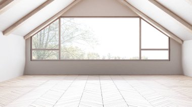 Boş oda iç tasarımı, parke zeminli açık alan, ağarmış ahşap tavan ve panoramik pencere, beyaz duvarlar, modern japandi mimari fikri