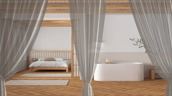 White Openings Curtains Overlay Japandi Bedroom Bathroom Interior Design Background — Stock Photo, Image