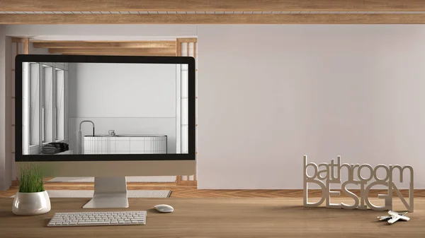 Architekt Designer Projektkonzept Holztisch Mit Schlüsseln Buchstaben Badezimmerdesign Und Desktop — Stockfoto