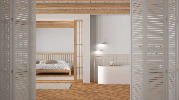 白色折叠门开启在最小的浴室 卧室和纸张滑动门 明亮的地板 现代室内设计 建筑师概念 — 图库照片