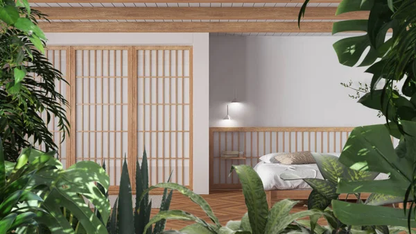 Jungle Frame Biophilic Idea Tropical Leaves Minimal White Bedroom Double — Stock Photo, Image