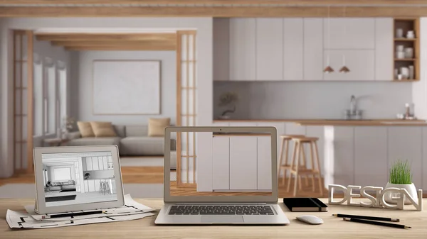 Αρχιτεκτονική Designer Desktop Concept Laptop Και Tablet Ξύλινο Γραφείο Οθόνη — Φωτογραφία Αρχείου