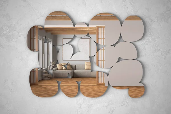 Modern mirror in the shape of pebbles hanging on the wall reflecting interior design scene, wooden japandi living room, minimal architect designer concept idea
