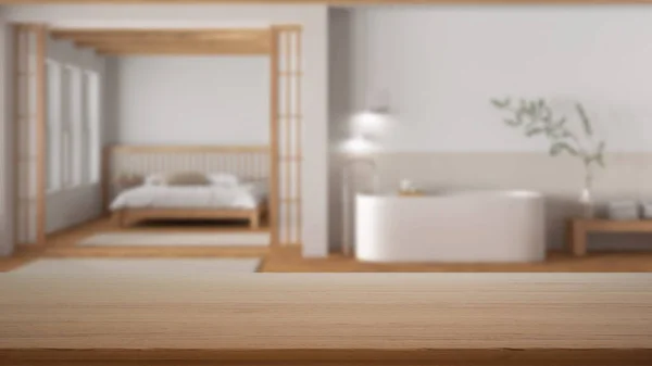 Boş Ahşap Masa Masa Raf Banyo Yatak Odasının Bulanık Görüntüsü — Stok fotoğraf