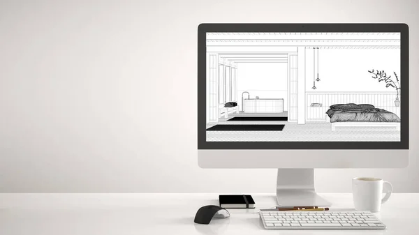 建筑师住宅项目概念 白色背景的台式计算机 显示Cad草图的工作台 带有浴缸室内设计的最小日式卧房 — 图库照片