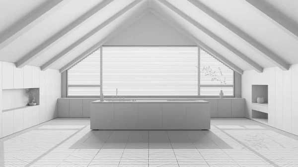 全白色的项目草案 顶楼室内设计 最小厨房倾斜的木制天花板和大的全景窗户 岛屿和器具 日本丑闻的风格 — 图库照片