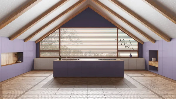 顶楼室内设计 最小厨房 有倾斜的木制天花板和白色和紫色色调的大的全景窗户 岛屿和器具 日本丑闻的风格 — 图库照片