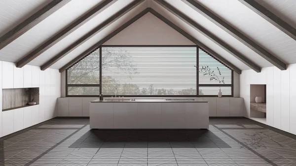 顶层的室内设计 最小的厨房 有倾斜的木制天花板和白色的大的全景窗户 岛屿和器具 日本丑闻的风格 — 图库照片