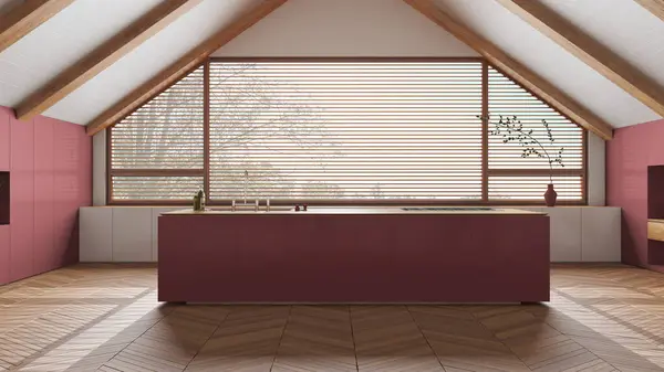 Penthouse Design Interiores Cozinha Mínima Com Ilha Tons Brancos Vermelhos — Fotografia de Stock