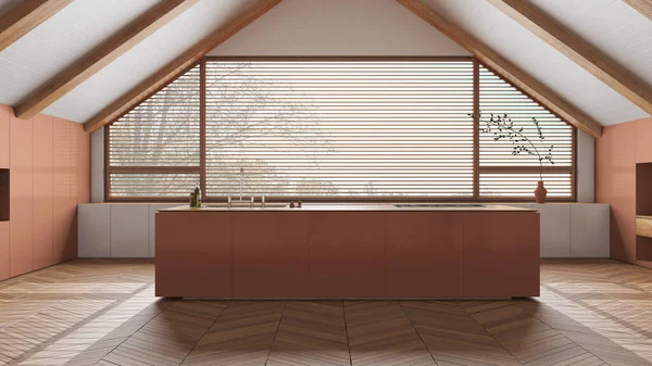 Penthouse Design Interiores Cozinha Mínima Com Ilha Tons Branco Laranja — Fotografia de Stock