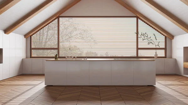Penthouse Design Interiores Cozinha Mínima Com Ilha Tons Brancos Teto — Fotografia de Stock