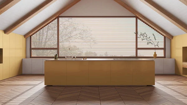 Penthouse Design Interiores Cozinha Mínima Com Ilha Tons Brancos Amarelos — Fotografia de Stock