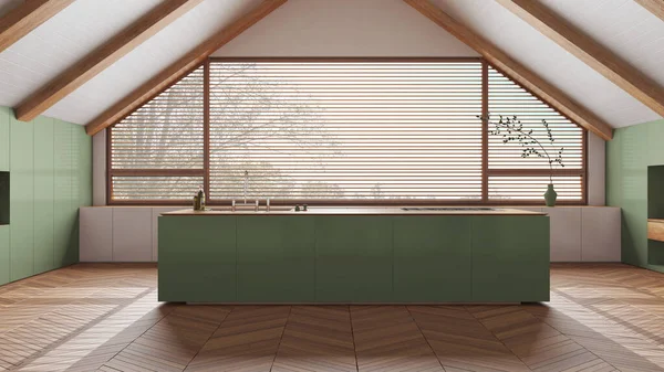 Penthouse Design Interiores Cozinha Mínima Com Ilha Tons Brancos Verdes — Fotografia de Stock