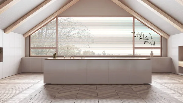Penthouse Design Interiores Cozinha Mínima Com Ilha Tons Brancos Teto — Fotografia de Stock