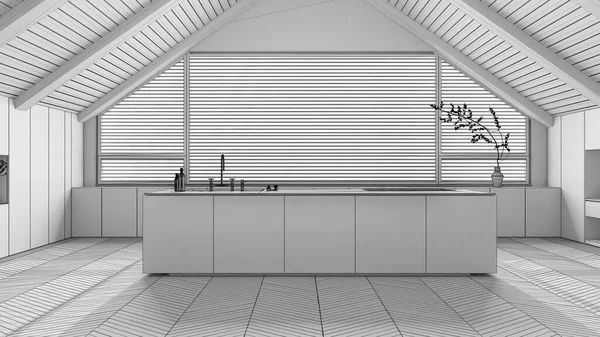 Návrh Nedokončeného Projektu Návrh Interiéru Podkrovního Bytu Minimální Kuchyně Ostrovem — Stock fotografie