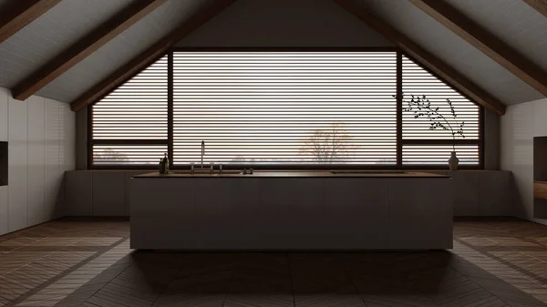 Donkere Late Avond Scene Penthouse Interieur Minimale Keuken Met Eiland — Stockfoto