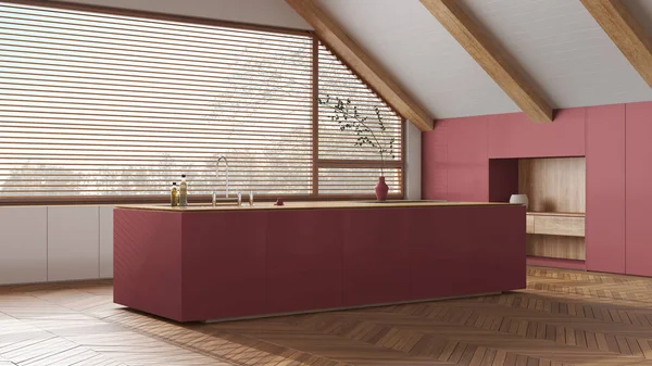 Design Interiores Sótão Cozinha Madeira Mínima Com Teto Inclinado Janela — Fotografia de Stock