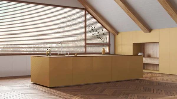 Design Interiores Sótão Cozinha Madeira Mínima Com Teto Inclinado Janela — Fotografia de Stock