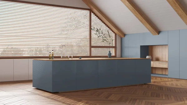 阁楼室内设计 最小的木制厨房 有倾斜的天花板和白色和蓝色色调的全景窗 岛屿和器具 日本丑闻的风格 — 图库照片
